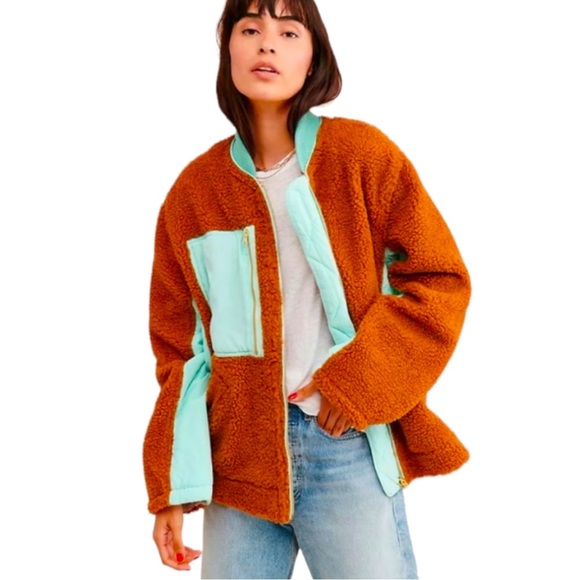 Free People Jackets & Blazers - $168 Free People Teddy Bear Jacket Medium 8 10 Amber + Blue Blade Collar Pockets